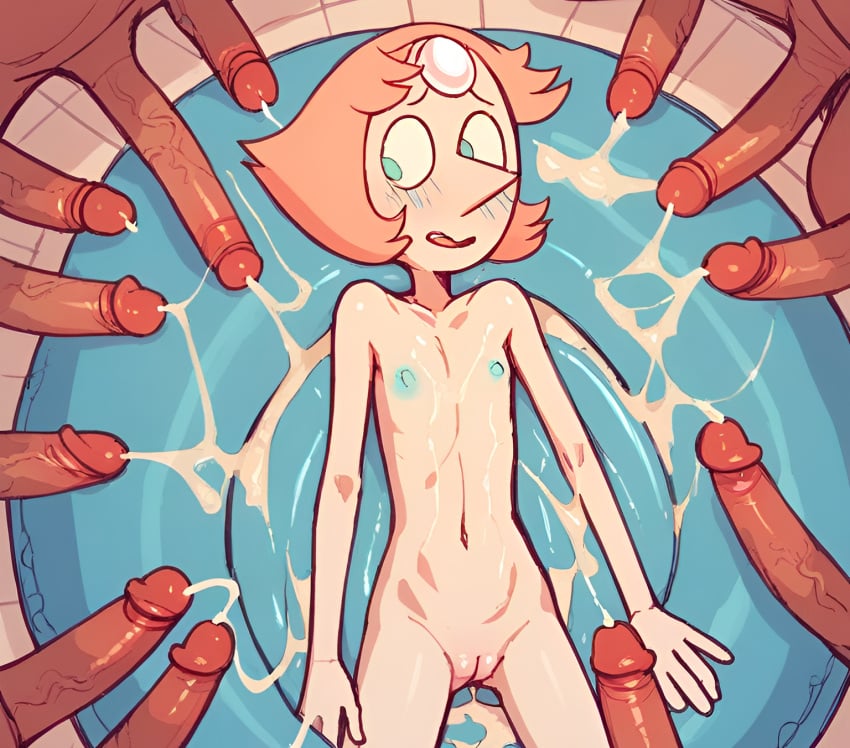 ai_generated alien alien_girl alien_humanoid blush bukkake cartoon_network cum excessive_cum female flat_chest gem_(species) innertube nude nude_female pearl_(steven_universe) pussy scalieton self_upload short_hair slender_body steven_universe water wet_skin