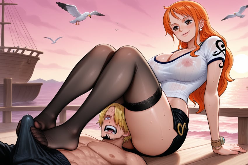 ai_generated ass blush boner clothing feet female food footjob footjob_with_legwear head_between_thighs hole huge_breasts in legwear male nami_(one_piece) of one_piece ripped sanji self_upload shocked shy tattoo teasing thick_thighs thighhighs waifuheaven wet_shirt