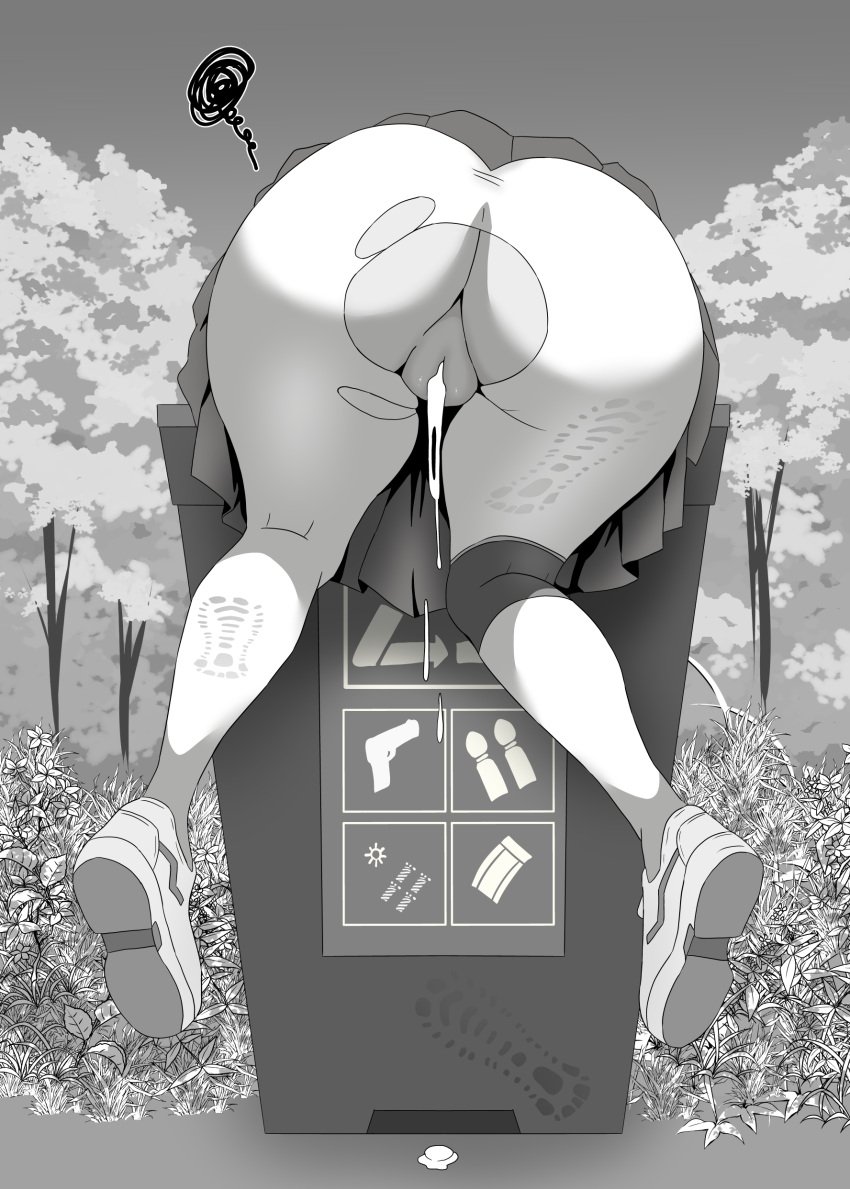 absurdres after_sex arrow_(symbol) ass ass_focus aya-cis blue_archive cum cum_in_pussy cumdrip female highres in_container in_trash_can knee_pads lower_body miyu_(blue_archive) monochrome no_panties pantyhose recycle_bin recycling_symbol shoe_print single_knee_pad solo stuck torn_clothes torn_pantyhose trash_can white_pantyhose