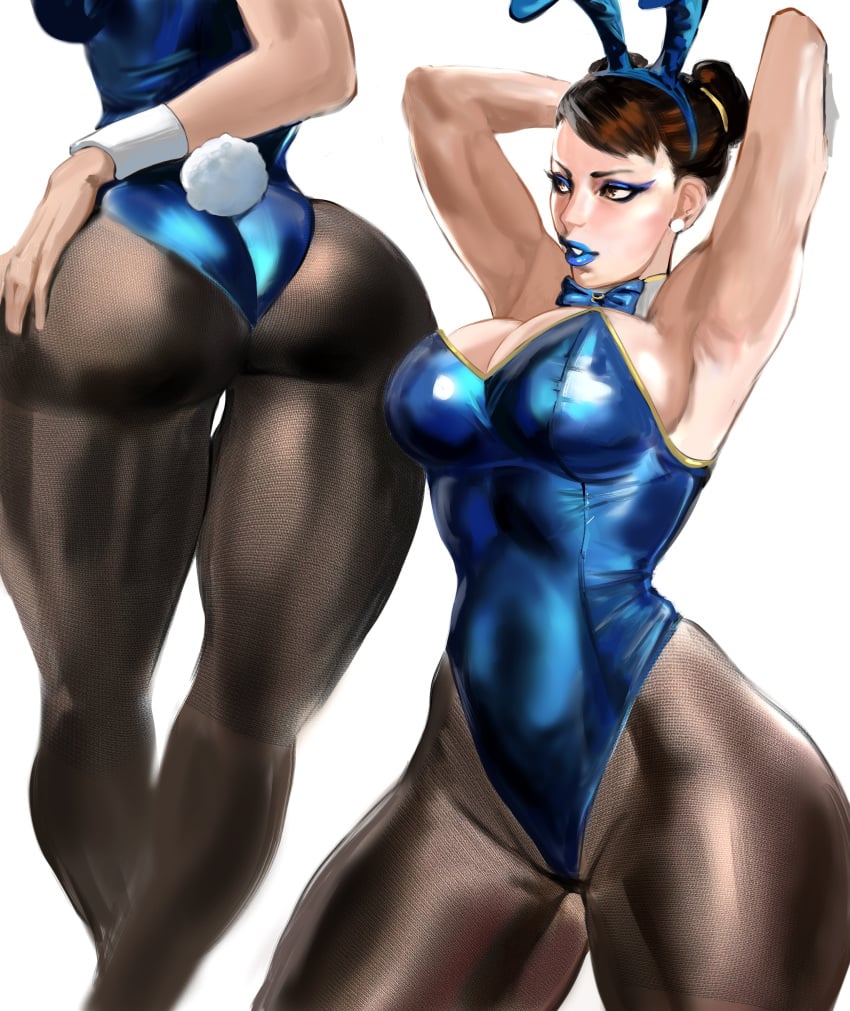 1girls armpits arms_up blue_eyeshadow blue_lipstick bowtie brown_eyes brown_hair bunny_ears bunnysuit chun-li cleavage eyeshadow female female_only huge_ass huge_breasts light-skinned_female lipstick mashingvaquita multiple_views sideboob skin_tight solo solo_female street_fighter street_fighter_6 thick_thighs toned toned_female twin_buns