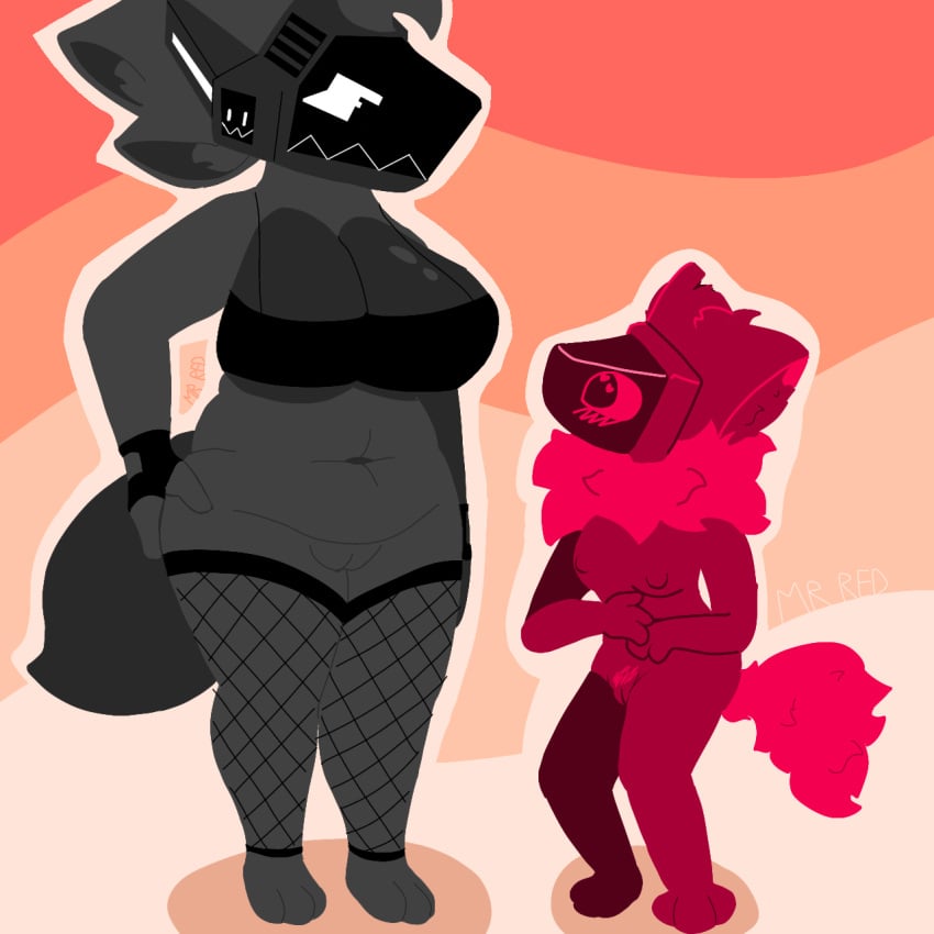 anthro belly big_breasts blush breasts canid canine canis clothed clothing duo female female/female fingerless_gloves fishnet_clothing fishnet_legwear genitals gloves handwear heart_eyes heart_symbol hi_res huge_breasts legwear looking_at_another machine mammal mister_redintong partially_clothed plump_labia protogen pubes pussy scar size_difference slightly_chubby slim thick_thighs wolf