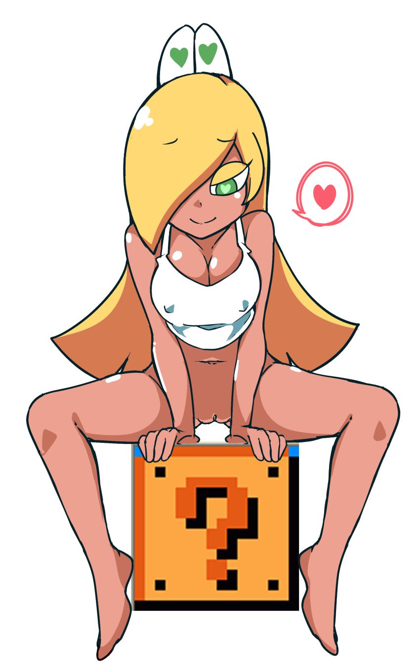 ?_block blonde_hair bottomless erect_nipples erect_nipples_under_clothes feet gokuu_(acoloredpencil) green_eyes heart-shaped_pupils koopa koopa_girl legs_spread looking_down mario_(series) nintendo question_block sitting super_mario_bros. white_background