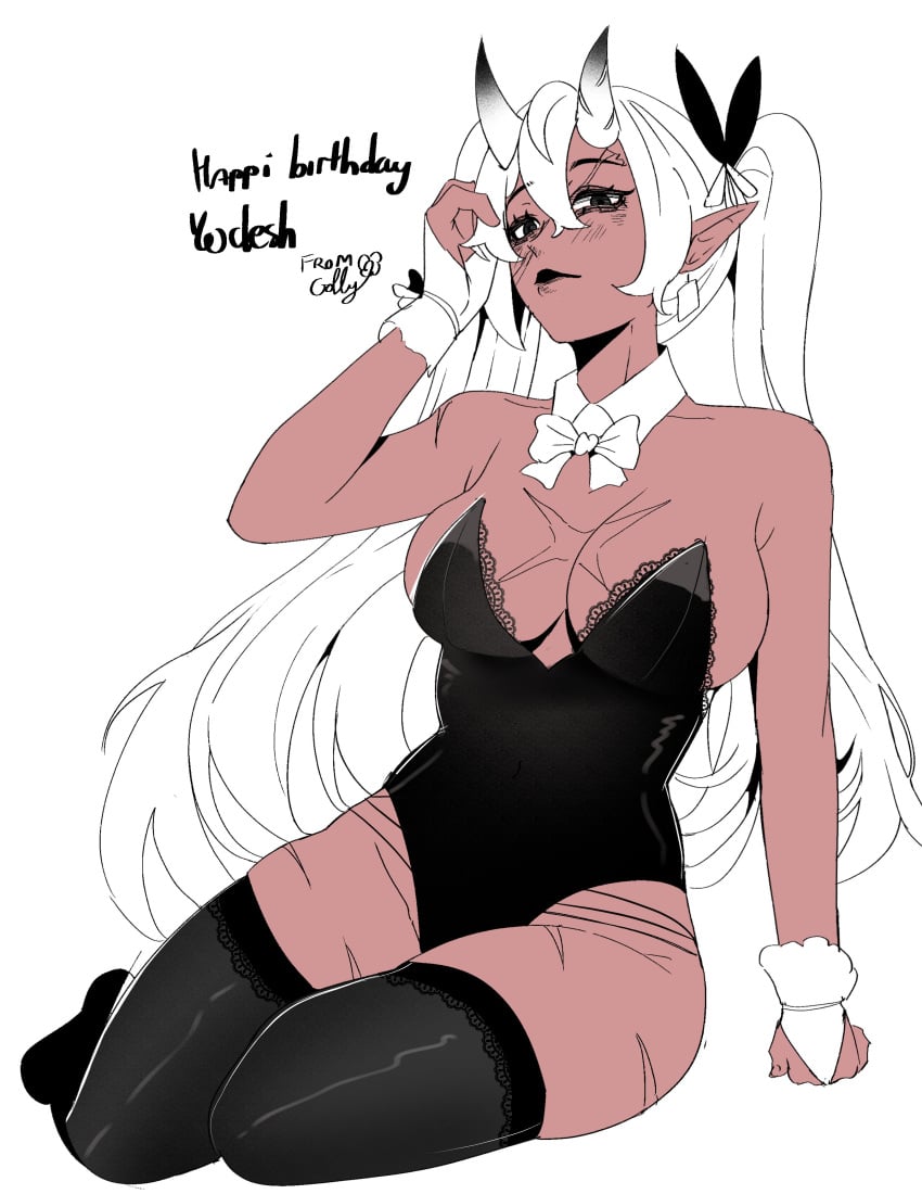 akumi artist_name bangs bare_shoulders black_legwear blush bow bowtie breasts bunnysuit cleavage dark_skin detached_collar female full_body hair_between_eyes hair_ribbon horns lace lace-trimmed_legwear large_breasts leotard long_hair looking_at_viewer monochrome oni oni_horns parted_lips pointy_ears ribbon simple_background sitting skin-covered_horns smile solo strapless strapless_leotard thighhighs thighs very_long_hair virtual_youtuber vyugen white_background wrist_cuffs