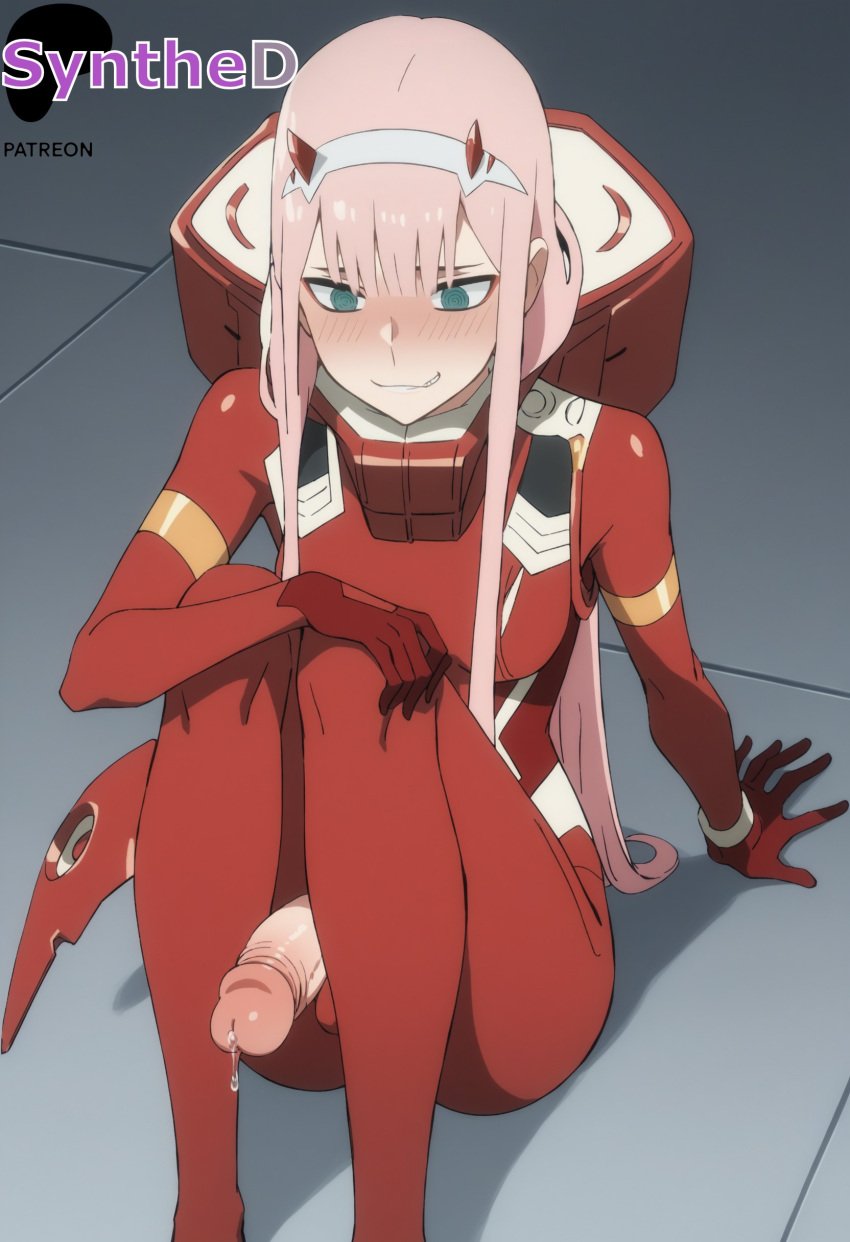 1futa ai_generated artist_name artist_signature blush bodysuit breasts darling_in_the_franxx erection foreskin futanari grin hi_res high_resolution highres horns intersex long_hair patreon penis pink_hair precum sitting smile solo synthed uncensored uncircumcised white_hairband zero_two_(darling_in_the_franxx)