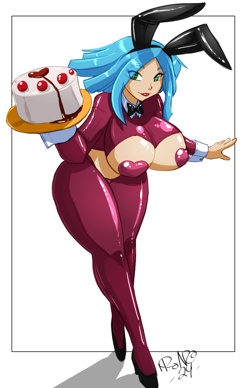 1girls alice_(matsu-sensei) blue_hair bowtie breasts bunny_ears cake cleavage female full_body green_eyes heart-shaped_pasties high_heels holding_food holding_object large_breasts leaning_forward looking_at_viewer pasties reverse_bunnysuit shonuff shonuff44 short_hair smile symbol-shaped_pupils thick_thighs wide_hips