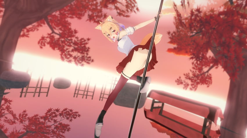 animal_ear_fluff animal_ears autumn autumn_leaves blonde_hair breasts detached_sleeves falling_leaves female from_below full_body koikatsu leaf looking_at_viewer looking_down maple_leaf open_mouth outdoors red_eyes shirt short_hair skirt sky solo squchan_(vtuber) tail thighhighs tree tree_branch virtual_youtuber vyugen white_shirt yellow_eyes
