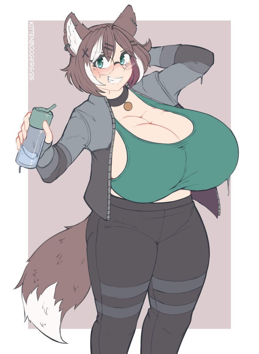 1female 1girls animal_ears animal_humanoid blush blush brown_hair cleavage collar colored_hair commission dog_ears dog_tail dyed_hair ear_fluff ear_piercing female female glasses green_eyes green_shirt hair_streak hot huge_breasts kittenboogers legs light_skin looking_at_viewer oc original_character simple_background smile smiling solo solo_female sweat sweating tank_top thick_thighs tight_clothing tight_pants water_bottle