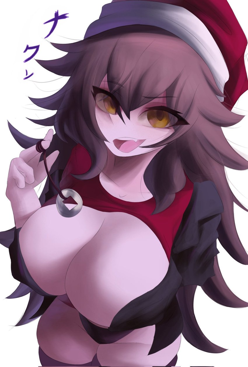 1girls black_thighhighs bottomless bottomless_female breasts brown_hair cleavage clothes clothes_lift coin_on_string covering_breasts female friday_night_funkin girlfriend_(friday_night_funkin) hat large_breasts long_hair looking_at_viewer lullaby_girlfriend_(fnf) naxless no_bra open_mouth santa_hat simple_background solo solo_female solo_focus thighhighs tongue translation_request white_background yellow_eyes