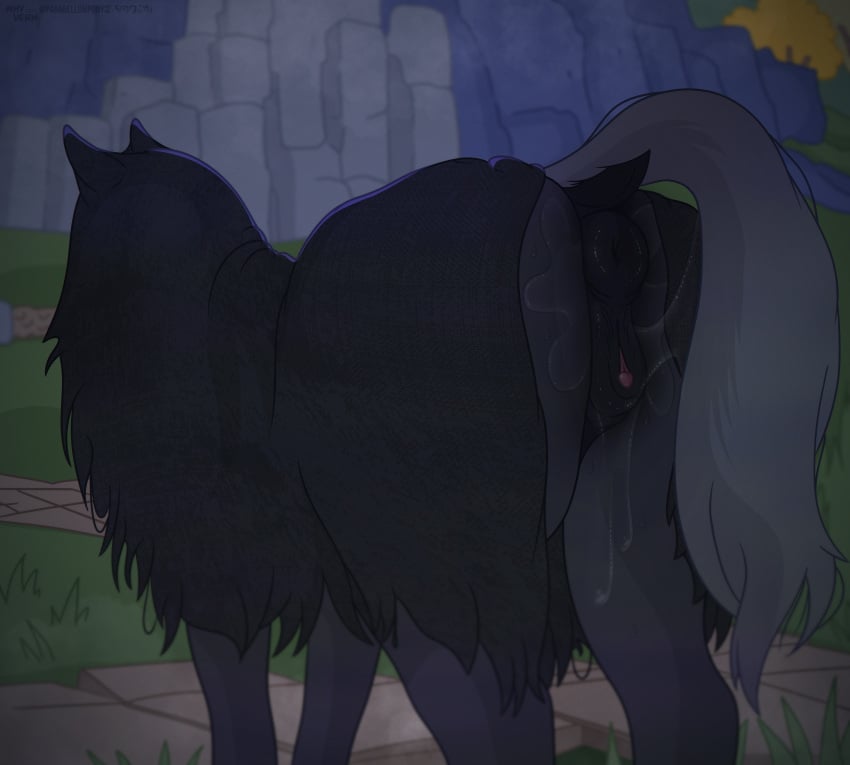 absurd_res animal_genitalia animal_pussy bodily_fluids cloak clothing digital_media_(artwork) elden_ring equid equine female feral fromsoftware genital_fluids genitals hi_res horse mammal night&#039;s_cavalry parabellumpony solo tail vaginal_fluids whyvern
