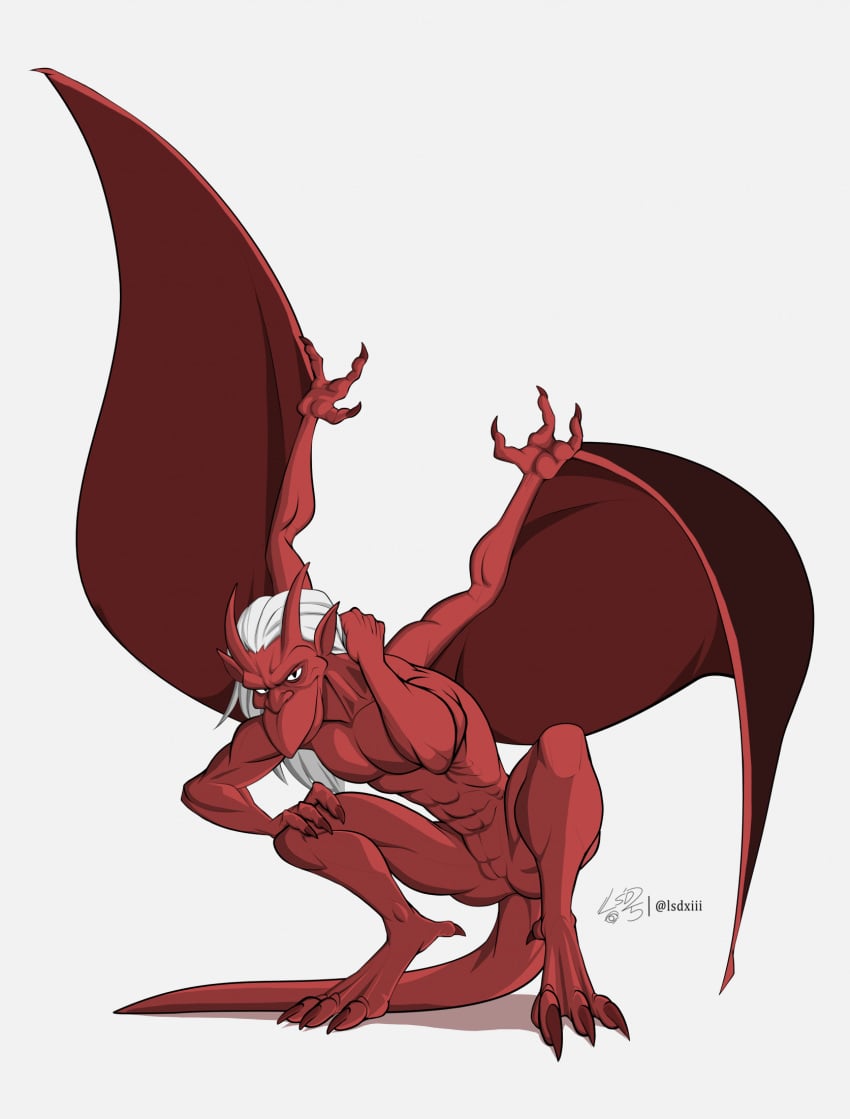 abs animal_genitalia anthro ass brooklyn_(gargoyles) butt_from_the_front crouching digital_media_(artwork) disney featureless_chest gargoyle gargoyles genital_slit genitals hair hi_res horn humanoid_pointy_ears looking_at_viewer lsdxiii male male_only membrane_(anatomy) membranous_wings nude pointy_ears red_body scalie simple_background smile solo tail white_hair wings