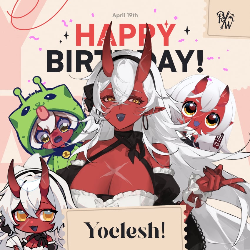 akumi blush breasts choker cleavage demon_girl earrings english_text eyebrows_visible_through_hair fangs hair_between_eyes hood horns japanese_clothes jewelry large_breasts long_hair looking_at_viewer monster_girl oerba_yun_fang oni oni_horns open_mouth pointy_ears puffy_sleeves red_oni red_skin sharp_fingernails short_hair signature skin-covered_horns smile spikes tattoo tongue tongue_out upper_body virtual_youtuber vyugen white_hair yellow_eyes