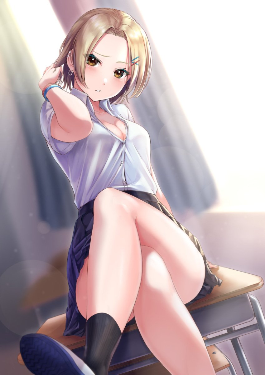 arm_up bare_legs black_skirt black_socks blonde_hair blurry blurry_background blush breasts brown_eyes classroom collared_shirt crossed_legs depth_of_field desk dress_shirt dutch_angle ear_piercing female forehead hair_ornament hairclip highres indoors kneehighs legs lens_flare looking_at_viewer medium_breasts miniskirt on_table original parted_lips piercing pleated_skirt rama_(yu-light8) school_desk school_uniform shirt short_hair short_sleeves sitting skirt socks solo table white_footwear white_shirt wing_collar wristband x_hair_ornament