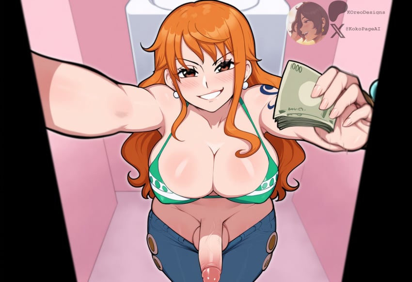 1futa ai_generated bathroom big_breasts breasts_bigger_than_head brown_hair cleavage doorway futanari huge_breasts imminent_sex money nami_(one_piece) offering offering_money one_piece orange_hair penis penis_out pov smug smug_smile taker_pov tattooed_arm