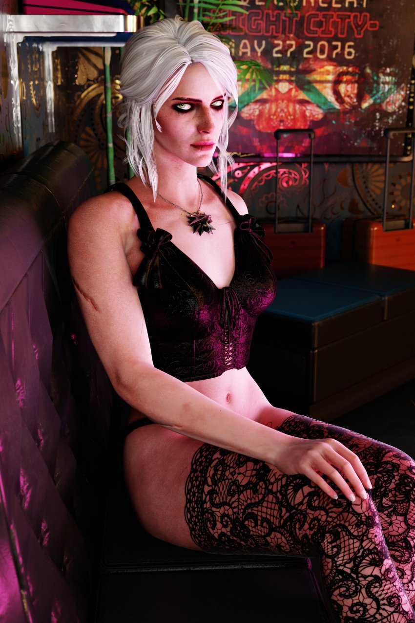 3d cd_projekt_red ciri corset cyberpunk_2077 female freckles green_eyes hightowerstudio light-skinned_female lingerie looking_at_viewer nightclub panties scar solo stockings the_witcher_(series) the_witcher_3:_wild_hunt white_hair witcher_medallion