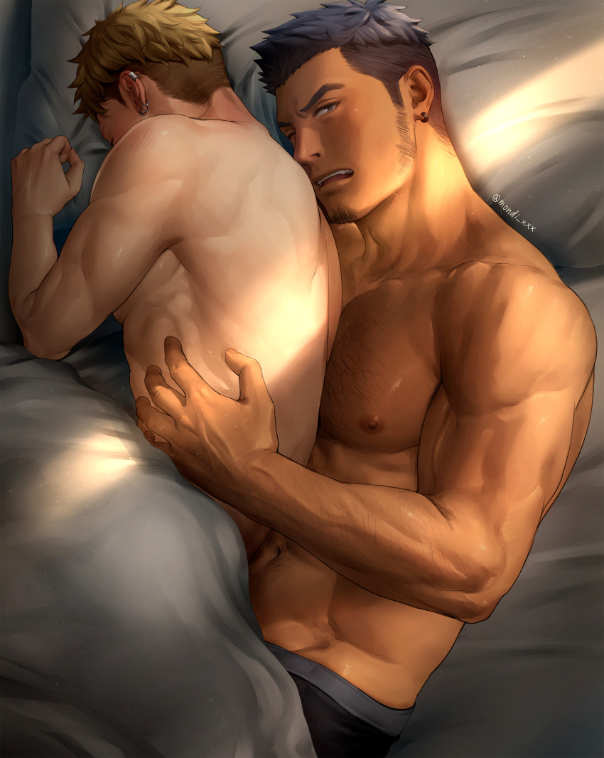 2boys abs age_difference arm_hair bara beard_stubble bed_sheet beefy biceps big_areola black_eyes black_hair black_underwear blonde_hair boxers chest_hair curled_up daddy dilf duo dust_particles ear_piercing earrings eyelashes frown gay grabbing grabbing_from_behind grabbing_waist half-closed_eyes hi_res hunk light_skin looking_at_viewer luca_(mondi_xxx) lying lying_on_bed lying_on_side male male/male male_only masculine_male mature_male mondi_xxx muscles muscular muscular_arms muscular_male navel navel_hair no_visible_genitalia one_eye_closed open_mouth original original_character pecs pierced_ears piercing pillow range_(mondi_xxx) shaved_side short_hair sideburns size_difference sleeping sunlight thick_eyebrows topless tough_guy triceps underwear_only v-shaped_eyebrows veiny_arms veiny_hands very_high_resolution waking_up yaoi