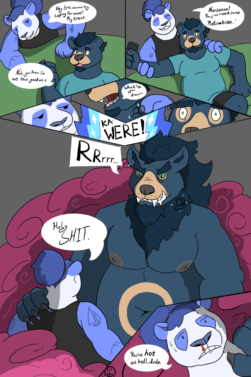 2:3 absurd_res anthro baron_montesque blood blue_body blue_fur bodily_fluids cel_shading clothing comic dialogue duo english_text fangs fur giant_panda green_eyes hi_res lycanthropy male male/male mammal monty_(baron_montesque) musclegut navel nipples nosebleed otto_(baron_montesque) overweight size_difference slightly_chubby smoke tattoo text transformation ursid were wereursid