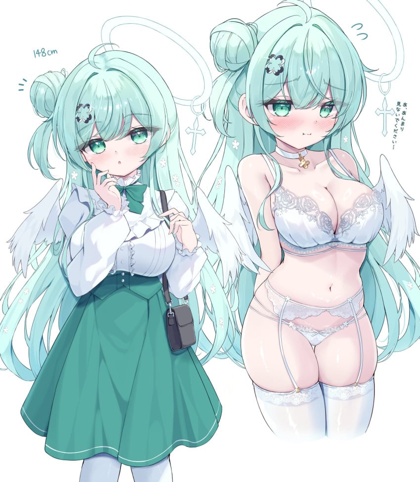 angel angel_girl angel_wings arms_behind_back averting_eyes breasts embarrassed female finger_on_chin flying_sweatdrops frilled_dress garter_belt garter_straps halo handbag jirai_kei large_breasts lingerie looking_away mikaze_oto neoteny original original_character plump shortstack undressed