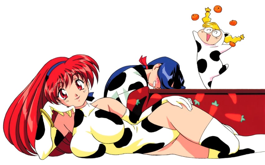 3girls 90s ^o^ akira_(viper) bare_shoulders blonde_hair blue_hair blush bow bracelet braid breast_squish breasts carrot chibi closed_eyes clothing cow_costume cow_girl cow_print drooling drunk elbow_gloves eyebrows_visible_through_hair female female_only food fruit full_body glasses gloves hair_ribbon hand_on_hip highres juggling karin_(viper) kimura_takahiro kotatsu large_breasts leotard long_hair long_ponytail long_twintails looking_at_viewer low_ponytail lying mandarin_orange matching_hair/eyes multiple_girls official_art on_side on_table open_mouth ponytail raised_leg red_eyes red_hair ribbon ring saki_(viper) saliva_drip saliva_trail simple_background smile sogna stockings table thick_thighs thighhighs thighs tied_hair twin_braids twintails very_long_hair viper_(series) viper_v16 white_background year_of_the_ox zettai_ryouiki