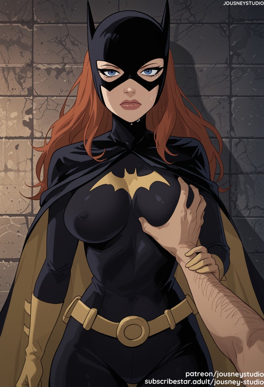 1boy ai_generated arm_hair bangs barbara_gordon batgirl batgirl_(the_killing_joke) batman:_the_animated_series batman_(series) belt black_bodysuit black_cape blue_eyes blush bodysuit breast_grab breasts cape clothing covered_navel covered_nipples dc dc_comics domino_mask female female gloves grabbing grabbing_another&#039;s_breast groping guided_breast_grab guiding_hand jousneystudio large_breasts lips long_hair looking_at_viewer male mask navel nipples orange_hair pov_hands skin_tight solo_focus standing straight superhero superheroine sweat sweatdrop thighs wall yellow_gloves