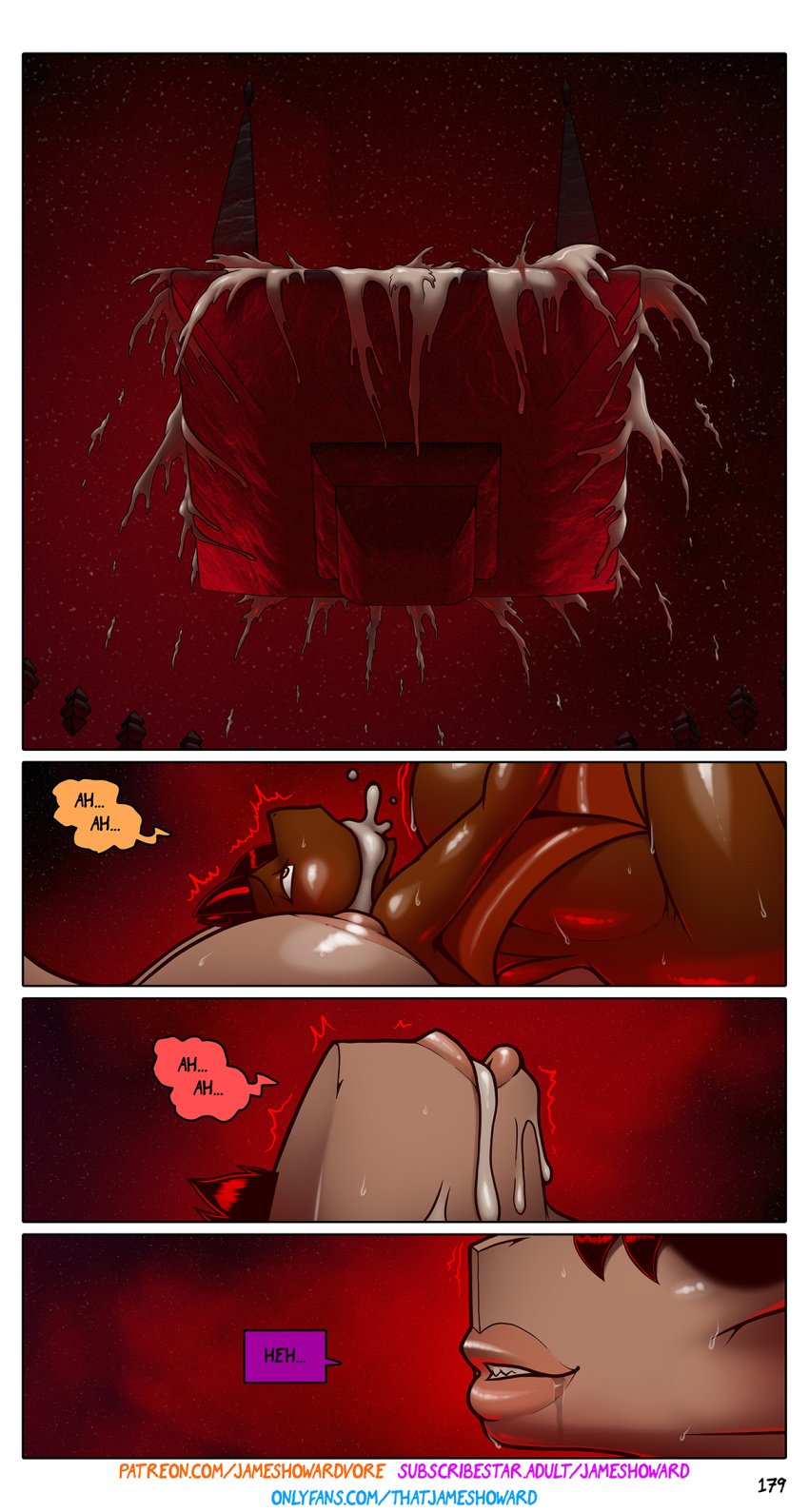aamon_(james_howard) anthro bat bodily_fluids comic cum cum_from_mouth cum_in_mouth cum_inside cum_through demon dialogue excessive_cum excessive_genital_fluids futanari genital_fluids group gynomorph hi_res inflation intersex intersex/intersex intersex/male james_howard male mammal patreon penetration stomach_bulge subscribestar sweat tina's_mom_(james_howard) tina_(james_howard) trio
