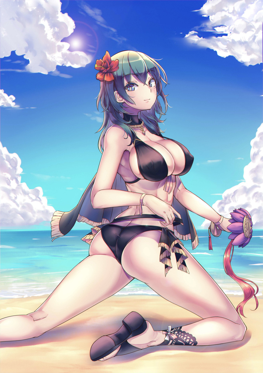 1girls alternate_costume ass beach big_ass big_breasts bikini black_bikini black_swimsuit breasts byleth_(fire_emblem) byleth_(fire_emblem)_(female) byleth_(fire_emblem)_(female)_(summer) cleavage female female_only fire_emblem fire_emblem:_three_houses fire_emblem_heroes flower nintendo nipple_bulge sandals sideboob solo solo_female swimsuit tights togin