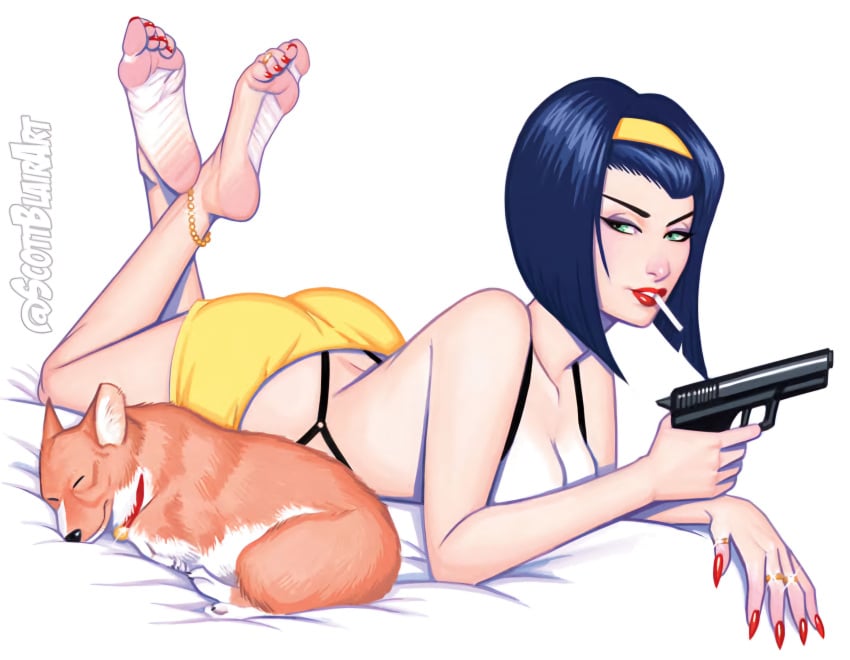 cigarette cowboy_bebop ein_(cowboy_bebop) faye_valentine feet_up gun handgun laying_on_stomach pinup scott_blair tagme