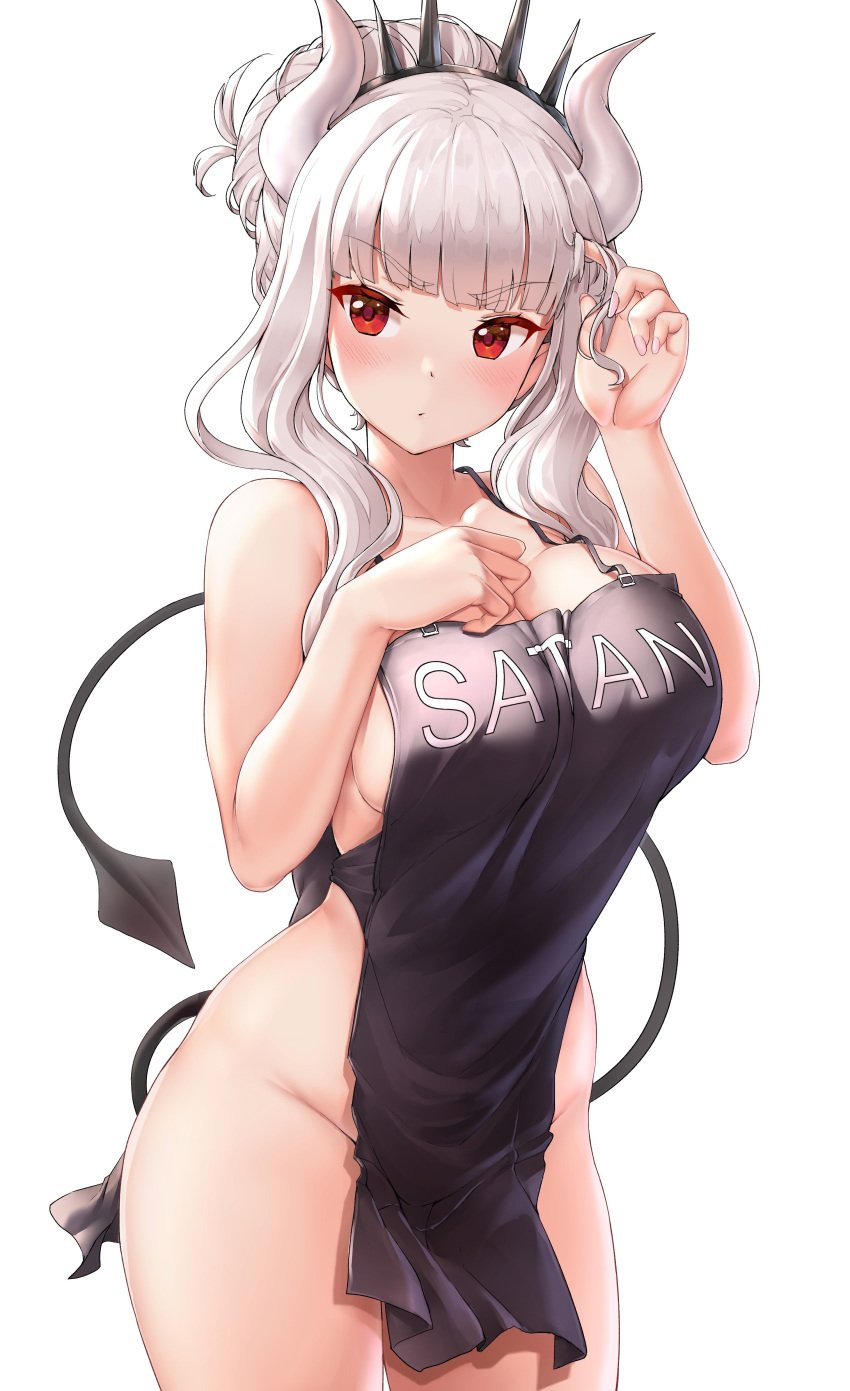 apron apron_only black_apron blush breasts clothing demon demon_girl demon_tail helltaker horns lucifer_(helltaker) mostly_nude naked_apron oxenia red_eyes simple_background tail white_background white_hair