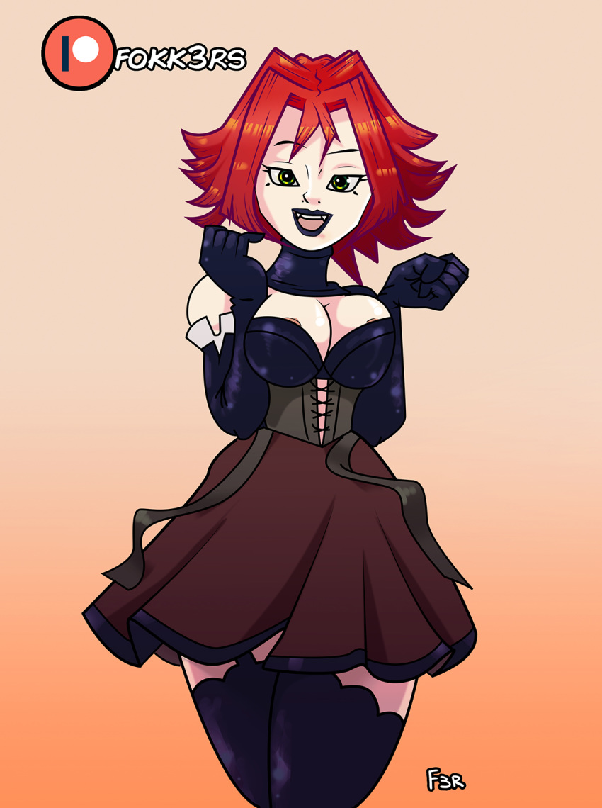 1girls bloodrayne corset ed-fokk3r elbow_gloves fanart female fokk3rs gloves goth green_eyes latex latex_gloves latex_stockings majesco nipple_slip opera_gloves pale-skinned_female pale_skin patreon rayne red_hair skirt squeezing_breast vampire wayforward