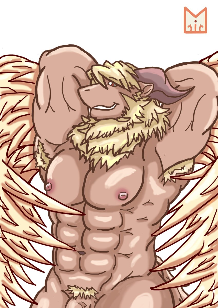 abs anthro azazel_(tokyo_afterschool_summoners) blonde_hair bovid caprine digital_media_(artwork) genitals goat hair hi_res horn humanoid kemono male male_only mammal muscular muscular_male nipples penis red_panda_mirr simple_background smile solo tokyo_afterschool_summoners video_games