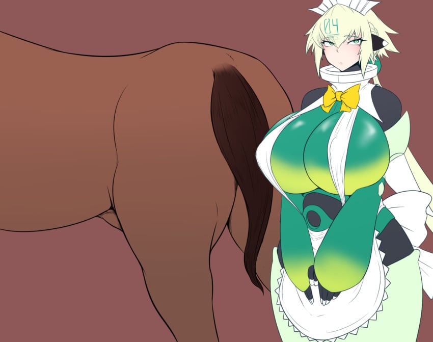 1girls bombergirl emera_(bombergirl) equine exabyte female feral horse huge_breasts imminent_anilingus imminent_bestiality long_hair maid_uniform parallax05 robot robot_girl tagme