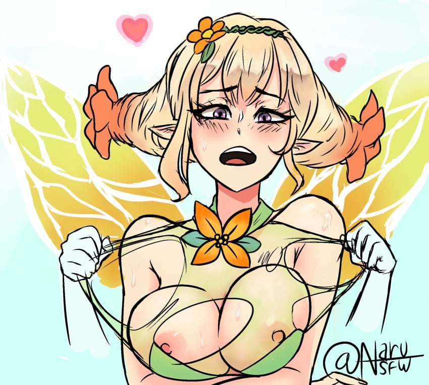 1girls big_breasts blonde_hair blush fairy fairy_wings fire_emblem fire_emblem_heroes large_breasts naru_nsfw nipples open_mouth peony_(fire_emblem) pointy_ears purple_eyes ripped_clothing see-through torn_clothes wings