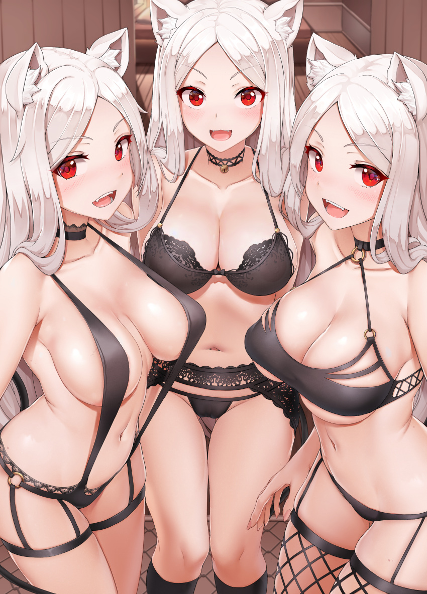 animal_ears bra breasts cerberus_(helltaker) cleavage clothed clothing fangs female garter_belt garter_straps group helltaker lingerie looking_at_viewer no_nude oxenia red_eyes underwear white_hair