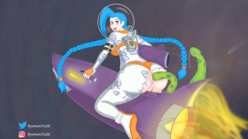 1girls ass blue_hair female helmet jinx_(league_of_legends) large_ass league_of_legends necklace ovni pink_eyes pussy pussy_juice rocket small_breasts space space_helmet spacesuit tattoos tentacle