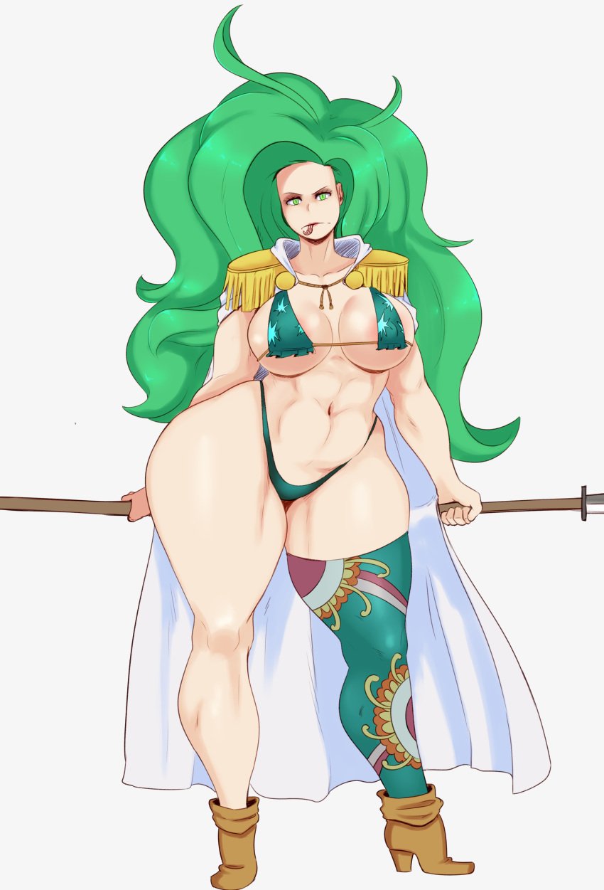 1girls abs absurd_res areola_slip areolae big_breasts big_hair bikini boa_sandersonia boots breasts cape cleavage clothing collarbone curvy enemy_conversion erect_nipples erect_nipples_under_clothes eyelashes female female_focus female_only forked_tongue frown full_body g-string green_eyes green_hair hebi_hebi_no_mi,_model:_anaconda high_heel_boots high_heels hips holding holding_object holding_weapon huge_ass huge_breasts human kuja_tribe large_breasts long_hair long_tongue looking_at_viewer marine_(one_piece) micro_bikini muscular_female naginata naughty_face navel nipple_bulge nipples nipples_visible_through_clothing one_piece polearm revealing seductive shoulder_pads sideboob simple_background single_thighhigh skimpy slit_pupils snake_girl snake_tongue solo solo_female spear stockings sunnysundown thick_thighs thighhighs thong tongue tongue_out underboob very_long_hair voluptuous weapon white_background wide_hips