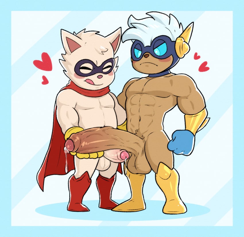 2boys anthro anthro_on_anthro athletic big_penis big_testicles bodily_fluids cape closed_eyes diskodeath duo eyes_always_closed fist footwear foreskin fur furry gay genital_fluids genitals hand_on_penis highres huge_cock kennen league_of_legends male male_only mammal monotone_cape monotone_clothing monotone_footwear muscular muscular_male navel nude penis pink_tongue precum red_boots red_cape red_clothing red_footwear riot_games silver_age_series super_kennen super_teemo tan_body tan_fur teemo testicles tongue tongue_out yaoi yellow_boots yellow_clothing yellow_footwear yordle