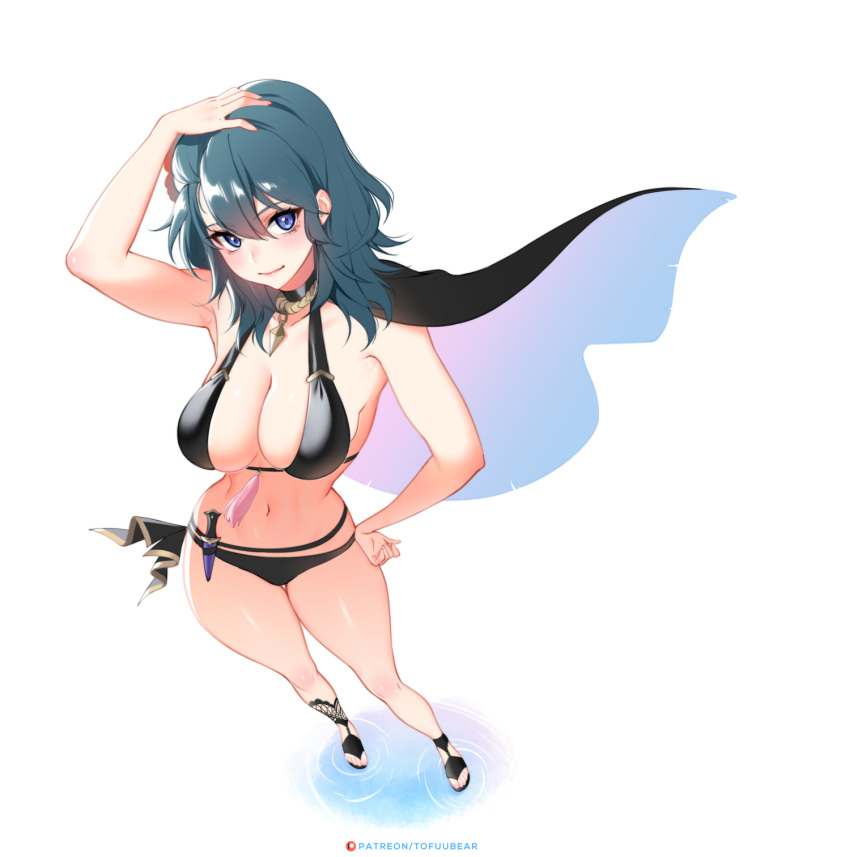 1girls bikini black_footwear breasts byleth_(fire_emblem) byleth_(fire_emblem)_(female) byleth_(fire_emblem)_(female)_(summer) cleavage female female_only fire_emblem fire_emblem:_three_houses fire_emblem_heroes large_breasts looking_at_viewer sandals solo swimsuit tofuubear