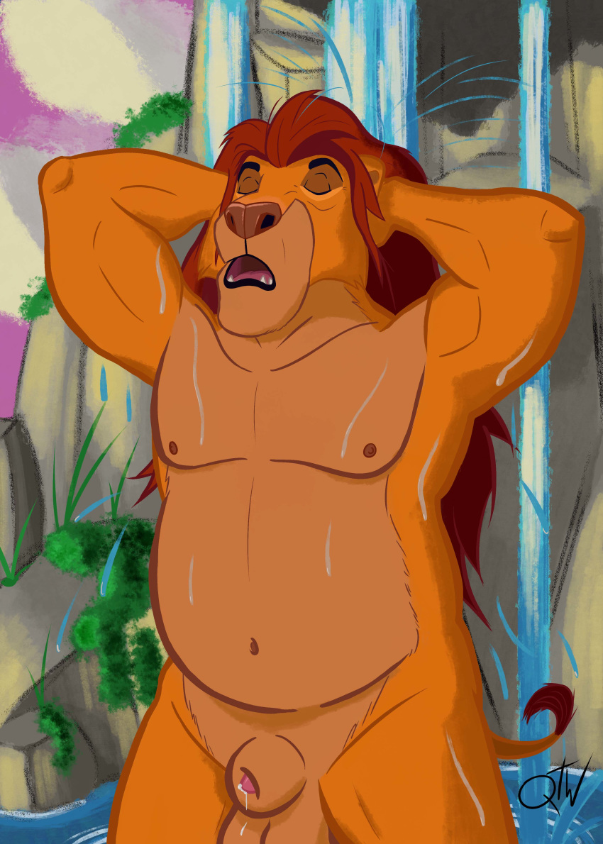 absurd_res animal_genitalia anthro anthrofied balls bathing belly biceps big_balls bodily_fluids closed_eyes cloud cum_leaking disney felid feline flaccid genital_fluids genitals grass hi_res lion looking_pleasured male male_only mammal mane mufasa musclegut muscular muscular_male navel nipples nude outside pantherine penis precum qwertythewolf red_mane rock sheath showering solo standing sunset teeth the_lion_king water waterfall