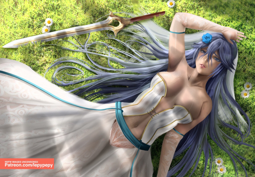 1girls alternate_breast_size armpits belly_button blue_eyes blue_hair bride fire_emblem fire_emblem_awakening flower_in_hair large_breasts lepypepy lips lucina_(fire_emblem) lying_on_back on_back solo sword thick_thighs wedding_dress white_dress wide_hips