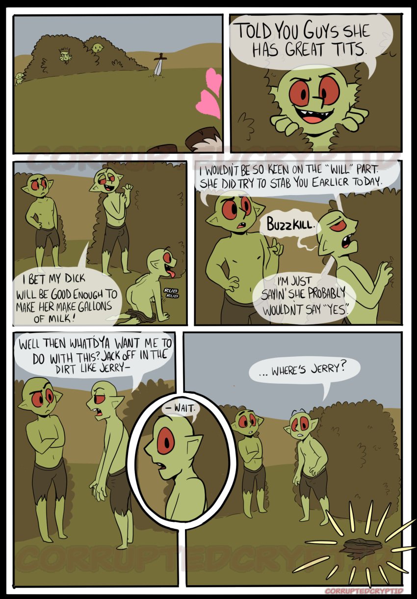 black_border border comic comic_page corruptedcryptid dialogue english_text erection genitals goblin goblin_male green_body green_skin group heart hi_res humanoid humanoid_genitalia male masturbation open_mouth penis simple_background speech_bubble text