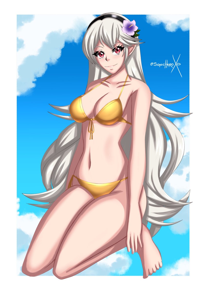 1girls alternate_costume bikini breasts cleavage cloud corrin_(fire_emblem) corrin_(fire_emblem)_(female) female female_only fire_emblem fire_emblem_fates flower gold_swimsuit hair_flower kneeling looking_at_viewer medium_breasts nintendo red_eyes smile solo sonicheroxd swimsuit yellow_bikini yellow_swimsuit