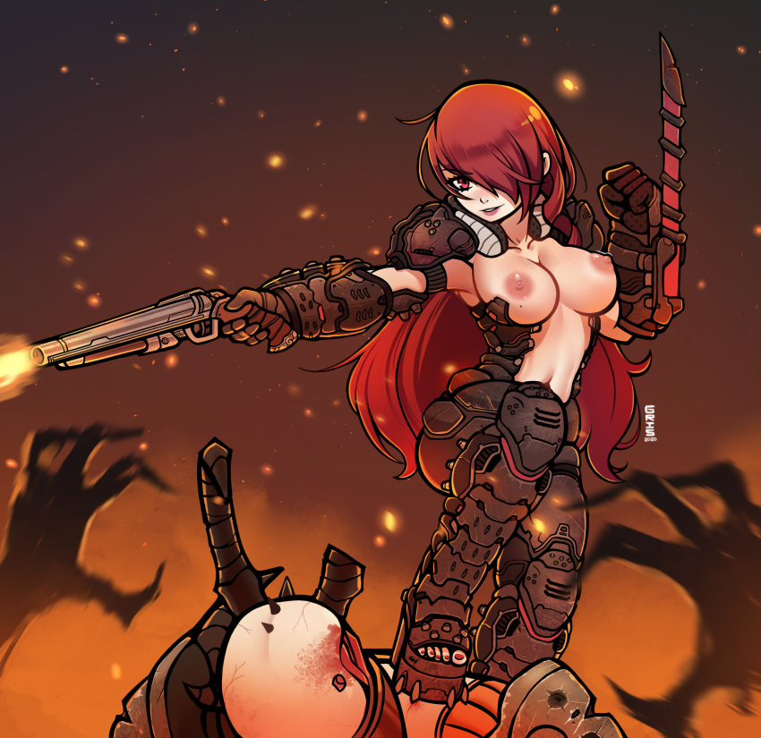 armor armwear big_breasts breasts casual cosplay crossover doom doom_slayer_(doom) double-barreled_shotgun exposed exposed_torso female femdom firearm functionally_nude genderswap_(mtf) gris9_(artist) gun human jp-files legwear mitsuru_kirijo pale_skin persona persona_3 red_hair rule_63 shotgun smile weapon