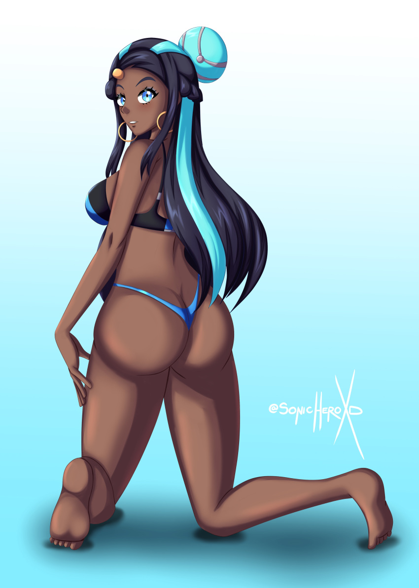 alternate_costume artist_signature ass ass_focus bikini black_hair blue_background blue_highlights blue_theme blush dark-skinned_female dark_skin female female_only game_freak gradient_background hoop_earrings looking_at_viewer looking_back looking_back_at_viewer nessa_(pokemon) nintendo pokemon pokemon_ss sideboob solo sonicheroxd tagme