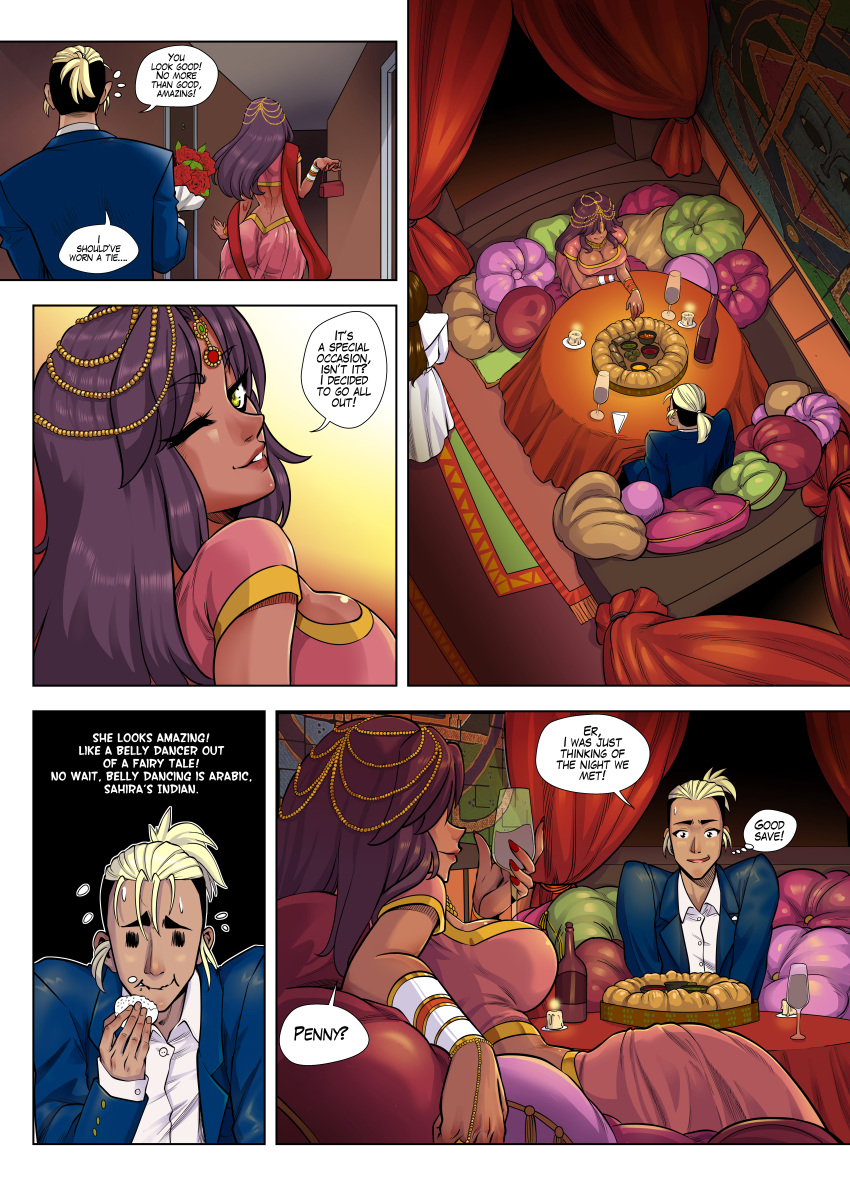 1boy1girl arabian_clothes belly_dancer_outfit big_ass big_breasts blonde_hair bouquet bracelet candle cleavage comic comic_page dark-skinned_female dark-skinned_male date eating gold_jewelry handsome indian krazy_krow navel necklace original original_character ponytail purple_hair ring rose spinnerette stud suit wine wink