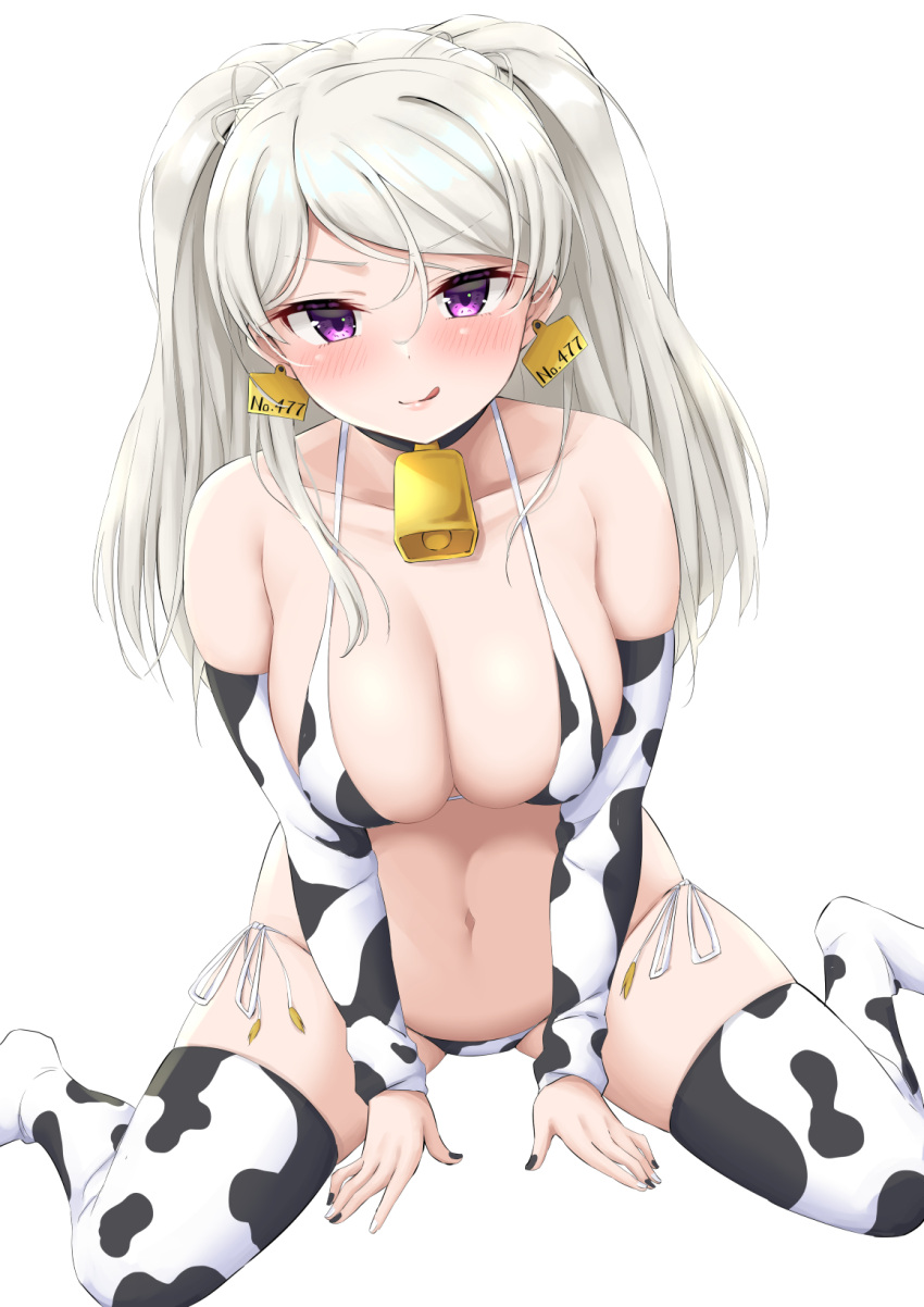 big_breasts bikini blush cleavage conte_di_cavour_(kantai_collection) cow_print cow_print_armwear cow_print_thighhighs cowbell ear_tufts earrings female female_only kantai_collection long_hair looking_at_viewer nail_polish purple_eyes side-tie_bikini silver_hair sitting smile solo takomeshi thighhighs tied_hair zettai_ryouiki