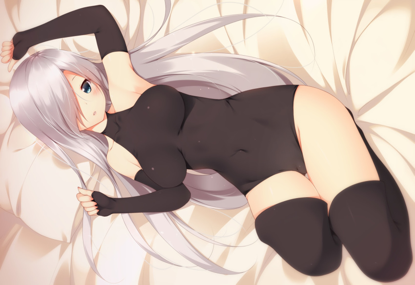 1girls 2015 asymmetrical_hair bed black_leotard blush covered_navel detached_sleeves elizabeth_liones fingerless_gloves fully_clothed gloves hair_over_one_eye halterneck impossible_clothes in_bed legs_together leotard long_hair looking_at_viewer medium_breasts mogu nanatsu_no_taizai on_back seven_deadly_sins skin_tight solo tagme thighhighs very_long_hair white_hair