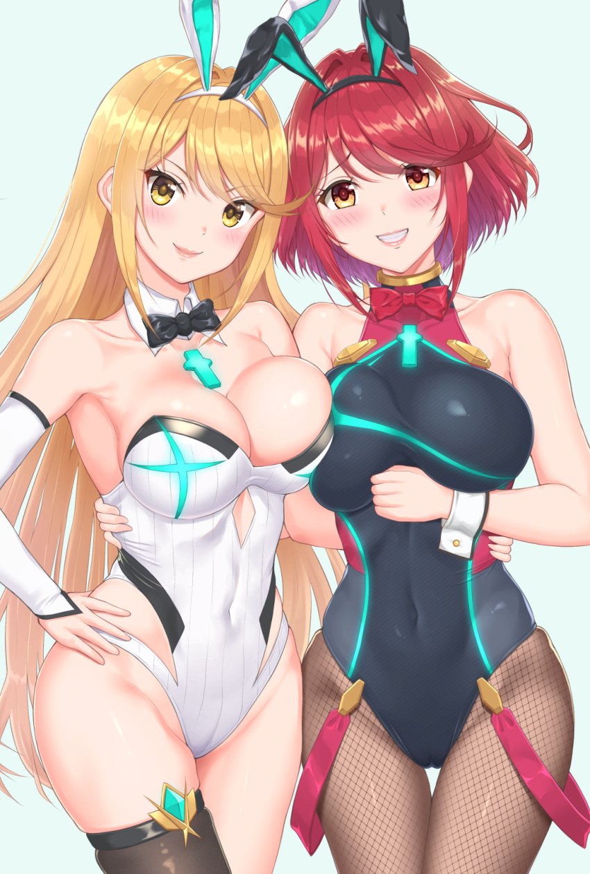 2girls blonde_hair blush bowtie bunny_ears bunnysuit cleavage large_breasts latex looking_at_viewer mythra nintendo pantyhose pantyhose_under_swimsuit pyra red_hair smile sssemiii stockings thick_thighs xenoblade_(series) xenoblade_chronicles_2