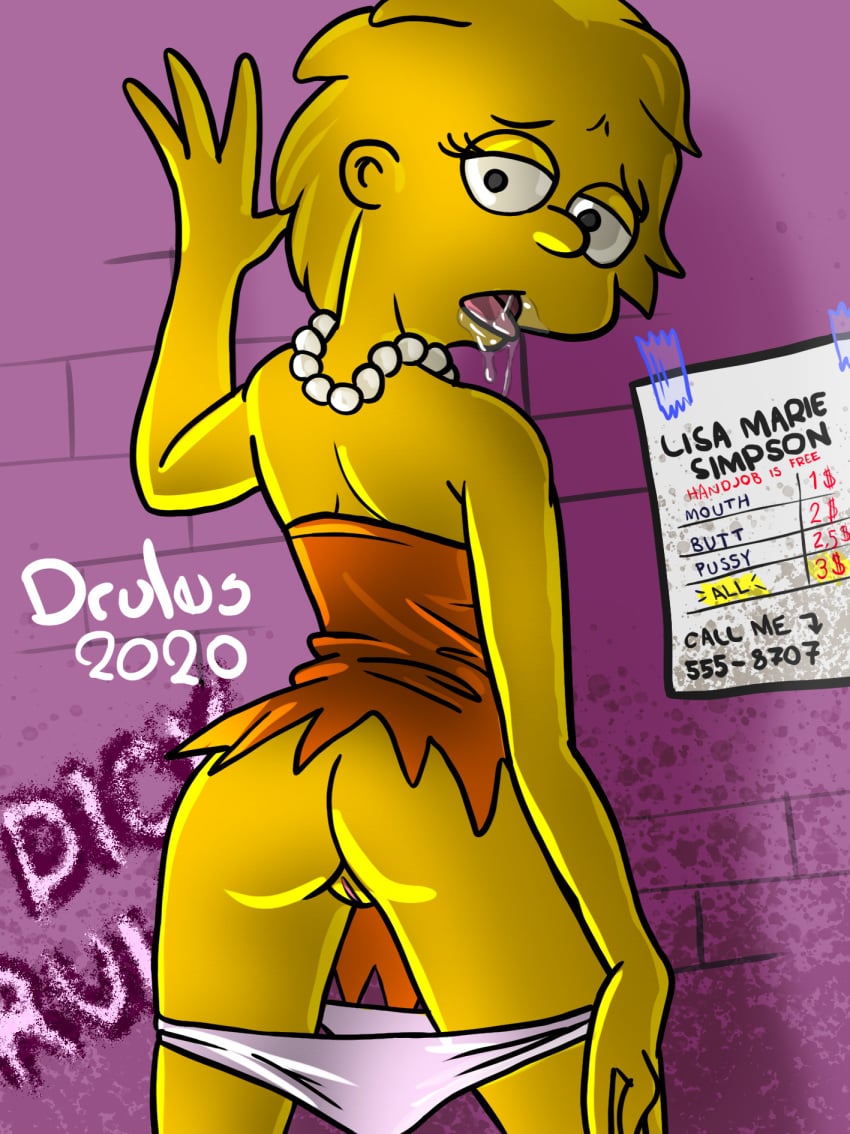 against_wall alley ass cheap drool drooling drules_(artist) female hand_on_wall lifted_dress lisa_simpson looking_at_viewer looking_back looking_over_shoulder open_mouth panties panties_around_legs panties_down pearl_necklace price pricelist prostitution pussy the_simpsons tongue_out yellow_body