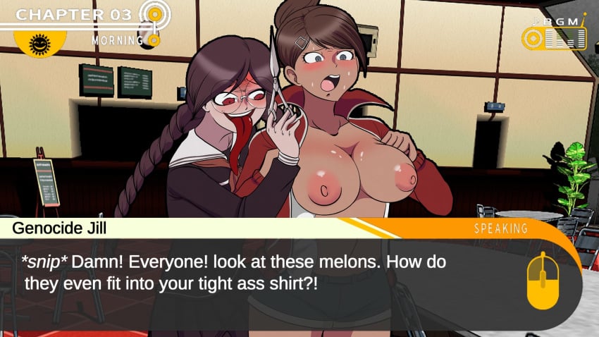 2girls asahina_aoi assisted_exposure blush breasts breasts_out brown_hair danganronpa dialogue fukawa_touko genocider_shou glasses large_breasts laundrymom long_hair long_tongue molestation multiple_girls straight_hair sweat text twintails ui yuri