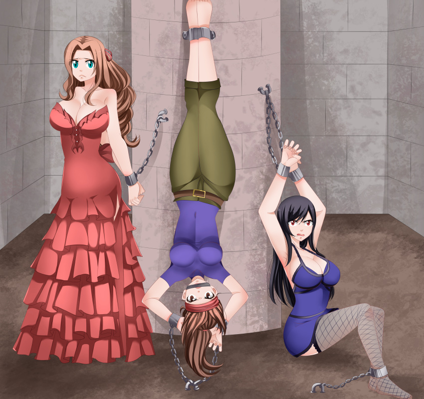 3girls abducted aerith_gainsborough ankle_cuffs arms_above_head barefoot big_breasts bondage brown_hair chained_wrists chains claudia_dragneel cleavage crying cuffs dark_hair dungeon female female_only femsub final_fantasy final_fantasy_vii fishnets gag helpless imprisoned jessie_rasberry kidnapped multiple_girls multiple_subs party_wipe screaming shackles stockings suspended suspension tied_up tifa_lockhart upside-down wrist_cuffs