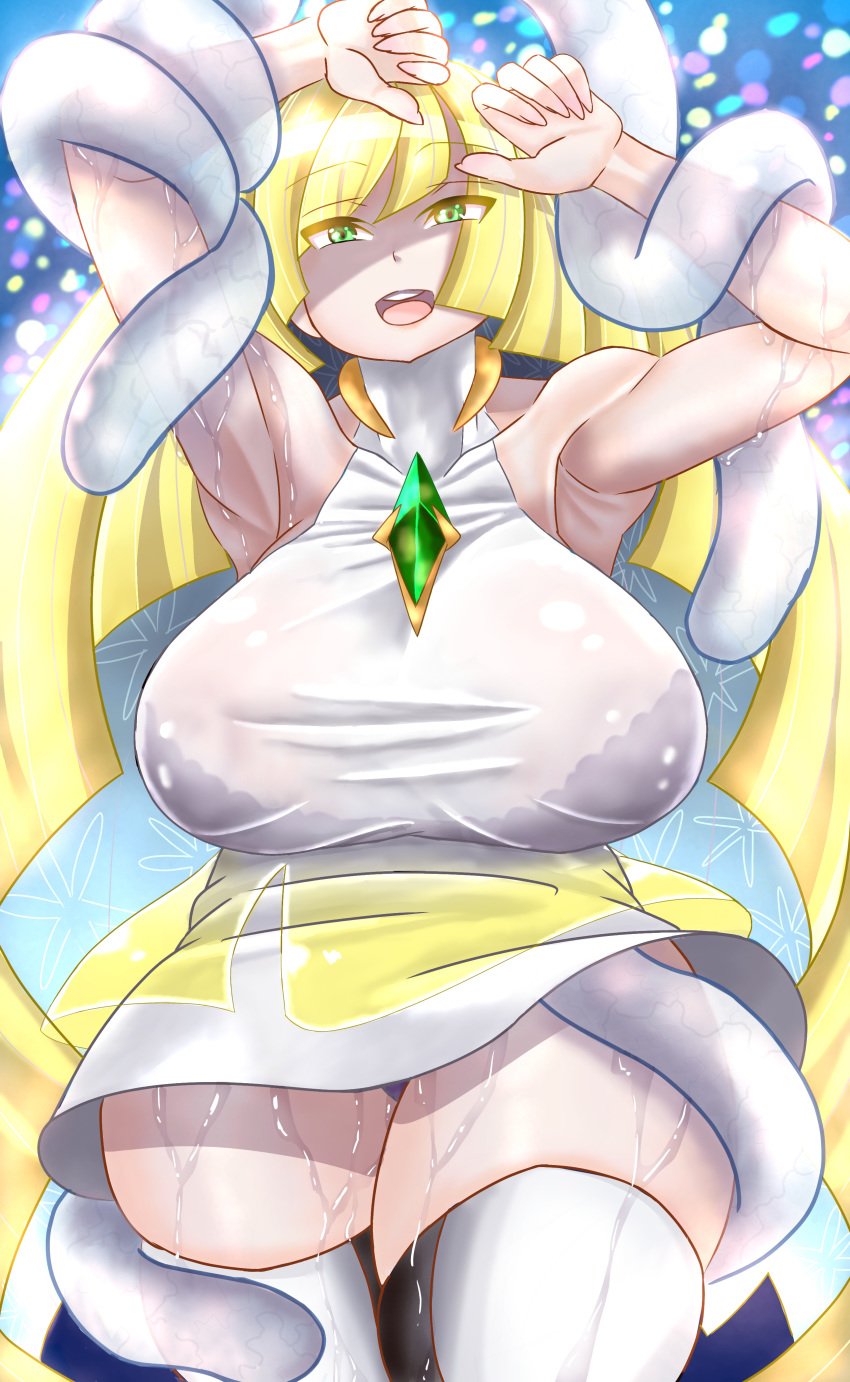 1girls ambiguous_gender armpits big_breasts female green_eyes huge_breasts huge_thighs human kua_ye large_breasts lusamine_(pokemon) mature_female milf mother nihilego nintendo pale-skinned_female pale_skin pokemon pokemon_sm skindentation thick_thighs thighhighs thighs voluptuous white_body wide_hips